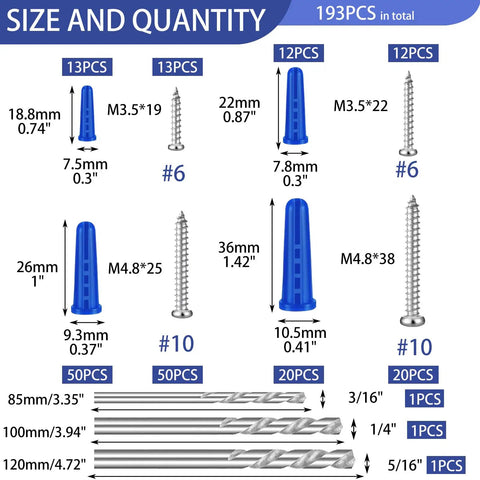 Size and quantity of 190 Piece Heavy Duty Conical Concrete Wall Anchors And Screws Kit With 3 Drill Bits And Storage Box Including 95 Brick Anchors And 95 Self Tapping Screws For Drywall Masonry Stucco Cement Cinder Block Tile