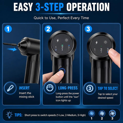 Easy 3-step operation of Pro Tattoo Ink Mixer Kit With 55 Piece Ink Mixer Sticks, 3 Speed Adjustable, Portable Fast Electric Pigment Mixer