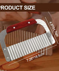 Murtenze stainless steel crinkle cutter with wooden handle for vegetables, side view, 7.28 in length