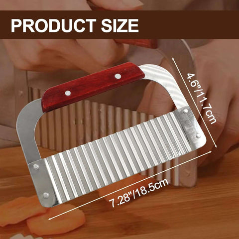 Murtenze stainless steel crinkle cutter with wooden handle for vegetables, side view, 7.28 in length