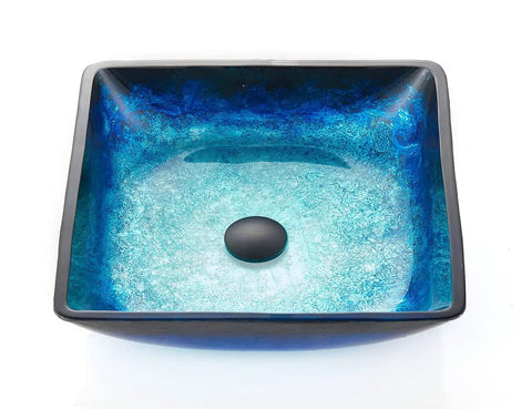 Dope Blue Square Tempered Glass Vessel Sink With Pop Up Drain For Above Counter Vanity Lustrous Deco Glass Finish Modern Top Mount Bathroom Fixture Square Design For A Bold Statement In Your Powder Room