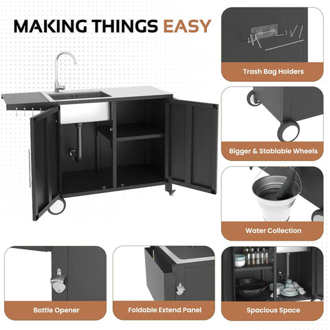Outdoor Kitchen Sink With Hose Hookup And Stainless Steel Prep Table, Rolling Pizza Oven Stand And BBQ Grill Table For Garden Backyard And Lawn, Heavy Duty Stainless Steel Construction For Easy Cleanup