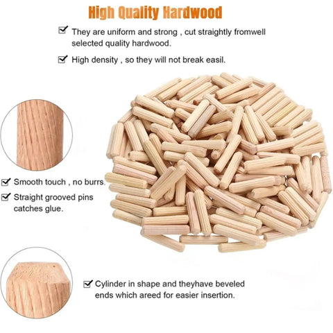 1000Pcs Woodworking Dowels Kit With Round Grooved Fluted Wood Dowel Pins 6x30mm shown with smooth and grooved details