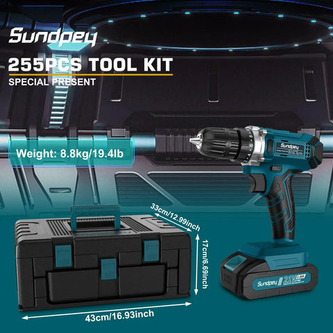 21V Cordless Drill And 255 Piece Tool Set With Drawer For Home Auto And DIY Repairs Portable Complete Kit with LED light