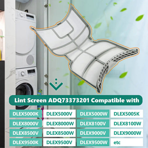 Lint Filter Assembly For LG Dryers Gray By Ken-More, curved view, listing compatible models like DLEX5000K, DLEX5000V.