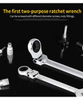 Chrome steel ratchet spanner set with flexible wrench open end and ring keys 6 to 24MM for cars visible against nuts and fittings.