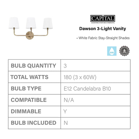 Dawson White Fabric Stay-Straight Shade Bath Vanity Light 3-Light Wall Mount In Aged Brass with product specifications grid