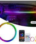 RGB Car Interior LED Strip Light 43.3 Inch With USB Port And App Control, Music Sync, 146 LEDs Fiber Optic Ambience Lighting For Cars shown inside a car.