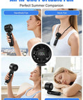Woman using Turbo Handheld Personal Fan With 12,800 RPM Power, 7-Blade High-Speed Portable Mini Fan, foldable design shown in use.