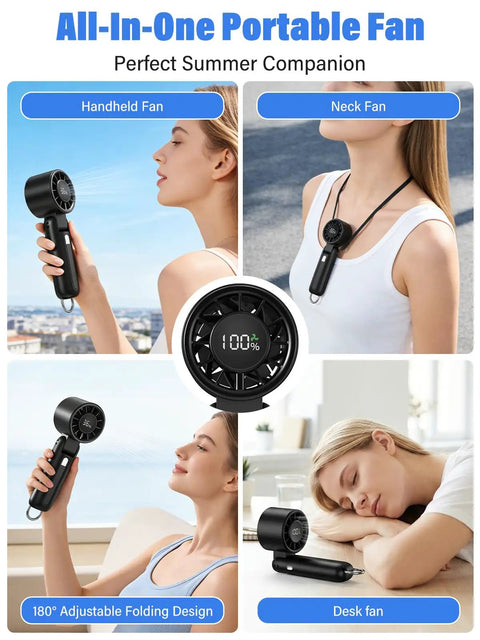 Woman using Turbo Handheld Personal Fan With 12,800 RPM Power, 7-Blade High-Speed Portable Mini Fan, foldable design shown in use.
