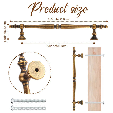 Antique Brass Cabinet Pulls Set For Retro Vibe 10 Pack 6.3 Inch Long 3.78 Inch Hole Center Drawer Handles Dresser Pulls Closet Kitchen Bath Hardware Upgrade with dimensions and installation view
