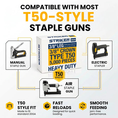 Workhorse Heavy Duty 3/8 T50 Staples For Staple Guns in bulk box, compatible with manual, electric, air staple guns.