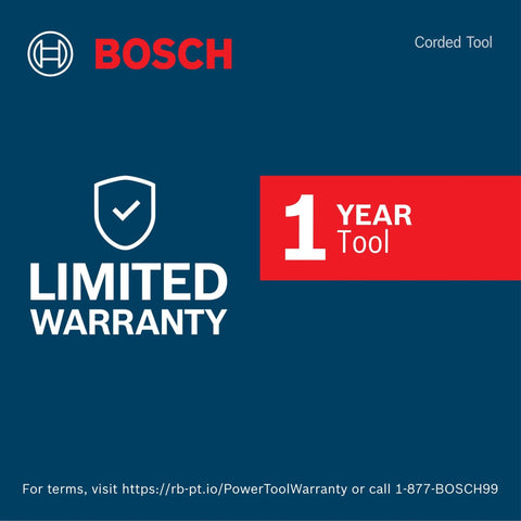 Bosch corded tool warranty image highlighting 1 year limited warranty for reliable performance.