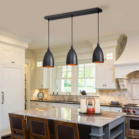 Kitchen with Black Metal 3 Light Pendant Light With Adjustable Height Up To 76.6 Inches, Industrial Farmhouse Style fixture over island