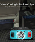 Hella Reliable 700 Watt Pure Sine Wave Inverter 12V To 110V DC AC Converter with cooling fan in vehicle interior.