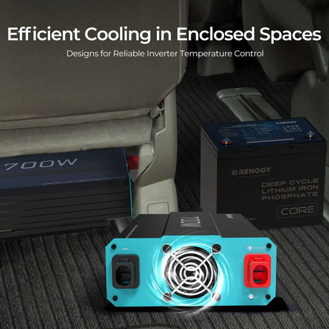 Hella Reliable 700 Watt Pure Sine Wave Inverter 12V To 110V DC AC Converter with cooling fan in vehicle interior.