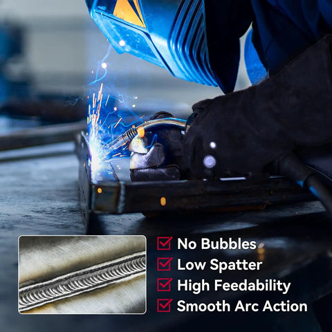 Welder using Heavy Duty Flux Core Welding Wire E71T-GS for smooth arc action on metal with low spatter and no bubbles.