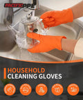 Extra Thick 8 Mil Orange Nitrile Work Gloves Heavy Duty Disposable Knit Cuff For Mechanics And Tradesmen Bulk 100 Pack in use washing a teapot.