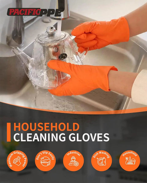 Extra Thick 8 Mil Orange Nitrile Work Gloves Heavy Duty Disposable Knit Cuff For Mechanics And Tradesmen Bulk 100 Pack in use washing a teapot.