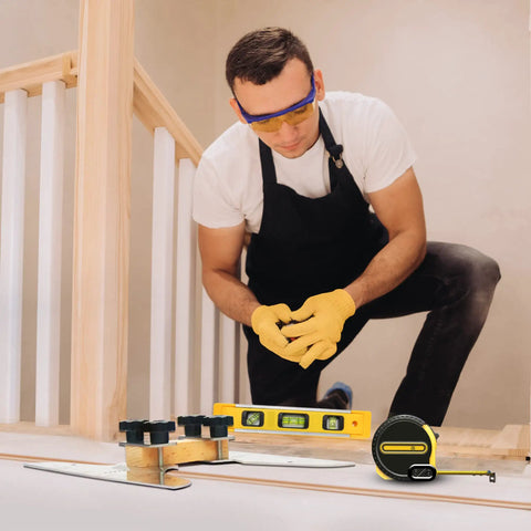 Man using Stair Tread Template Tool With Level And Tape Measure Adjustable Tread Jig Set With Carpenter Pencil For Risers