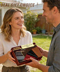 Couple exchanging Full Grain Leather Crafting Kit With Genuine Cowhide Tools And Paint Set For DIY Wallet Making in garden