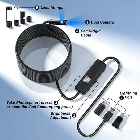 Pro-Grade Dual-Lens Endoscope With Light, 16.4ft Borescope Kit With 8 Adjustable LEDs shown with cable and fittings