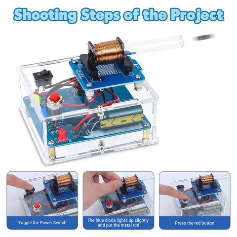 Electric Magnetic Transmitter Soldering Practice Kit For STEM Learning showing assembly steps and mini shooting game.