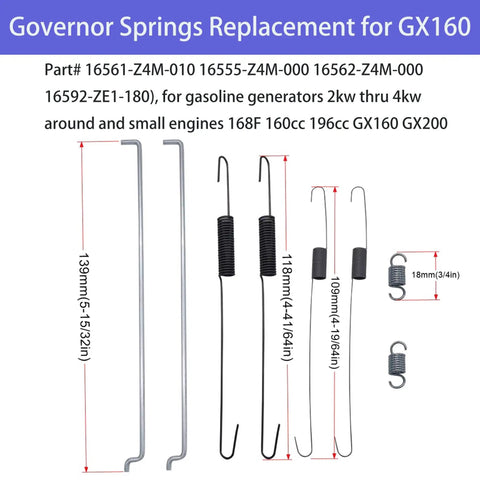 20 Piece Governor Throttle Return Springs Kit For Honda GX Engines GX160 replacement springs and rods shown with dimensions.
