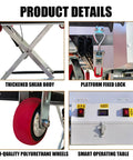Heavy Duty Electric Scissor Lift Table With Foldable Design 300kg Capacity Hydraulic Lifting Dolly Platform details showing thickened shear body, fixed platform lock, polyurethane wheels and smart operating table.