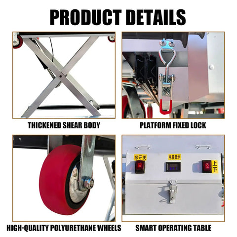 Heavy Duty Electric Scissor Lift Table With Foldable Design 300kg Capacity Hydraulic Lifting Dolly Platform details showing thickened shear body, fixed platform lock, polyurethane wheels and smart operating table.