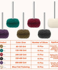 90 Piece Buffing And Polishing Wheel Set For Rotary Tools with color-coded grit guide for metal, jewelry, wood, and glass.