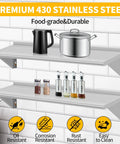 Two Pack Top Tier Wall Mounted Floating Shelves Crafted From Brushed Stainless Steel For Badass Kitchen Bar Restaurant And Hotel Setup With Rock Solid Brackets That Lock Firm And Handle Heavy Loads Daily displaying cookware and spices.