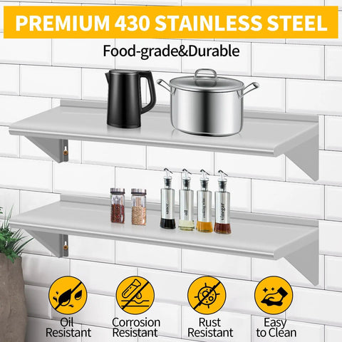 Two Pack Top Tier Wall Mounted Floating Shelves Crafted From Brushed Stainless Steel For Badass Kitchen Bar Restaurant And Hotel Setup With Rock Solid Brackets That Lock Firm And Handle Heavy Loads Daily displaying cookware and spices.
