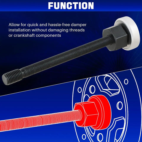 Long Reach Crank Pulley Underdrive Damper Installation Tool Kit - threaded rod and adapter illustration for V8 V6 engines