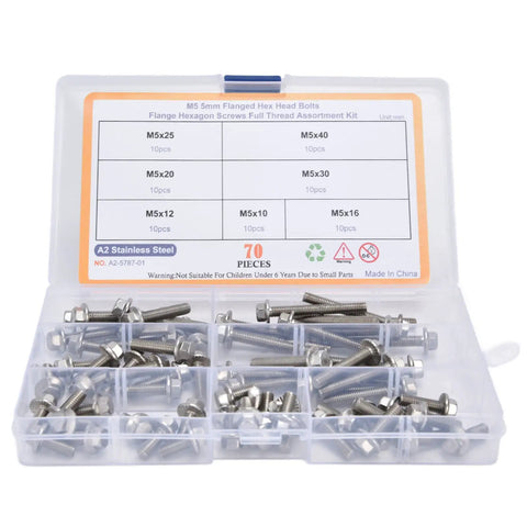 70 Piece M5 Stainless Steel Bolts Kit With 7 Lengths 10 12 16 20 25 30 40 Millimeters Hex Socket Head Cap Flange Fasteners For Home Appliance Repair And Workshop Projects. Open plastic case with M5 stainless steel bolts.