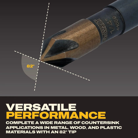 DeWALT 5-piece countersink drill bit set, gold/black high-speed steel with 82° tip (close-up)