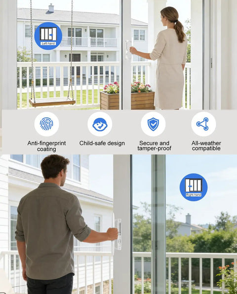 Super Slick White Diecast Sliding Patio Door Handle Set shown on glass door, fits 1 to 1 1/8 inch glass, ideal for outdoor use.