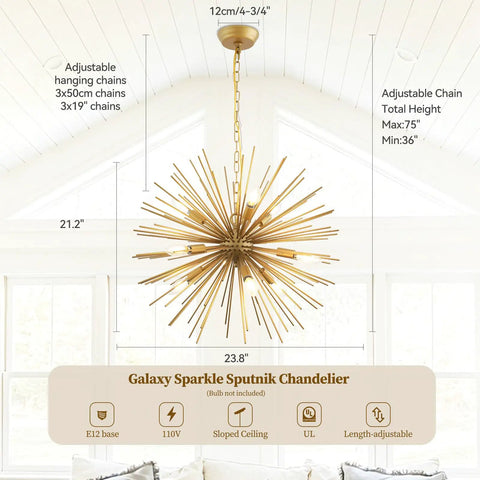 Golden Sputnik Chandelier Nine Lights Modern Starburst Fixture for Dining Room with solid metal and brushed gold finish