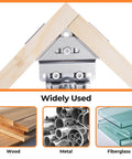 Stainless Steel Right Angle Clamp Set, Two-Piece 90 Degree Corner Clamps shown with wood, metal, and fiberglass usage.