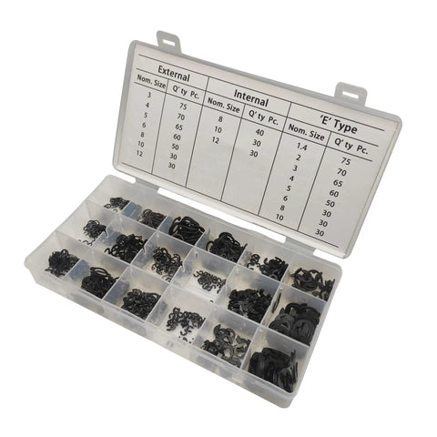 Beefy 890 Piece External Retaining Ring Kit With E Clips And Circlips For Shafts M1.2 To M15 Black Carbon Steel Case