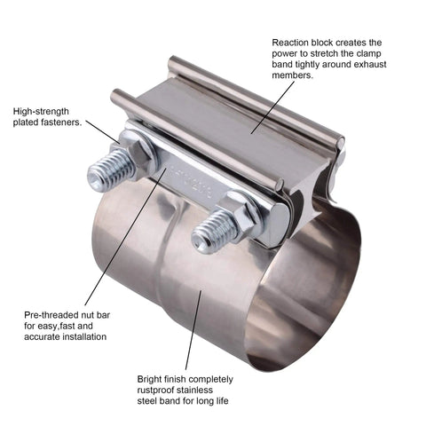 Top Tier 2.5 Inch Lap Joint Band Clamp For Exhaust Systems 304 Stainless Steel Pipe Connector Universal Fit 2 Pack close-up showing fasteners