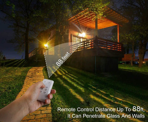 Spot Lighting 30W 1000 Lumens Led Solar Powered Flood Lights with Rf R showing remote control effectiveness at 88 feet distance.