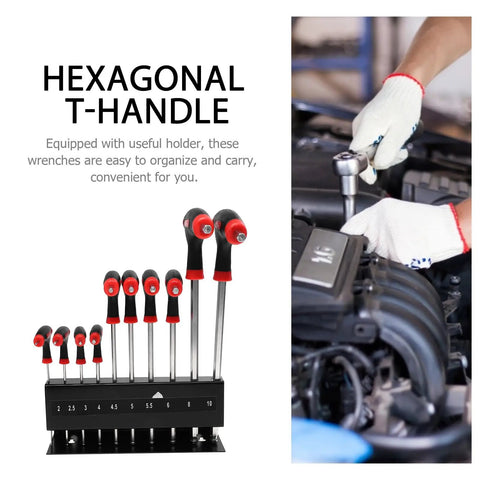 Get Your Hands On These Cool 10 Pc Metric T Handle Hex Wrench Set With Stand For Serious Auto Repair Jobs Or Home Diy Projects With Ergonomic Grips, 10-piece metric hex keys on rack used on car engine