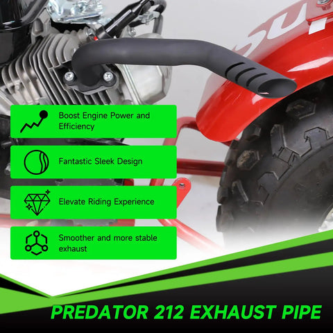 Exhaust Pipe Kit For Predator 212cc And GX Engines Fits Coleman Mini Bike with black premium finish, side view installation