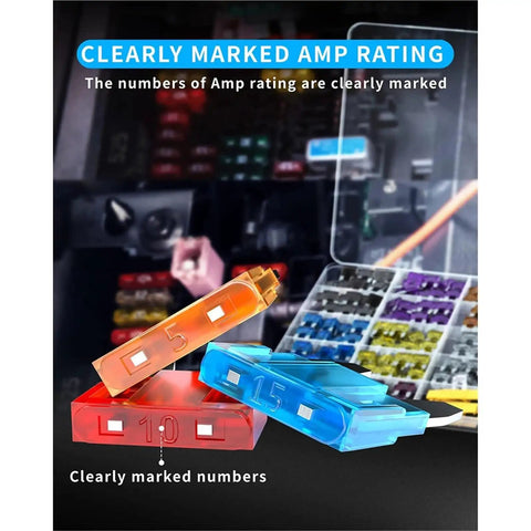 Color-coded blade fuses from Go To Automotive Fuse Kit with 330 Piece Assortment for mini and standard blade fuses zinc, easy replacement.