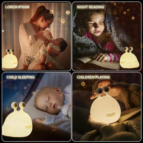 Four scenarios with Slug Night Light Squishy Silicone Lamp For Nursery And Bedroom Cute Animal Bedside Glow BPA Free Safe Silicone Soft Warm Light For Breastfeeding Kids Teens Cozy Nighttime Ambience.