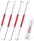 Professional Grade Grip Tight 4 Piece Hook And Pick Tool Set Double Pointed Scribe Kickass For Auto Oil Changes O Ring Removal Glue Scraping Durable Steel Every Craftsman Raves, featuring stainless steel tools with red grips.