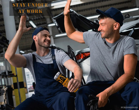Men high-fiving in garage with Oil Filter Cat Tumbler Coffee Cup For Car Lovers Gearheads Stay Unique At Work Great Gift For Him