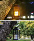 Two Pack Lit Solar Powered Outdoor Hanging Lanterns With Waterproof LED Flickering Flameless Candles, night and day view