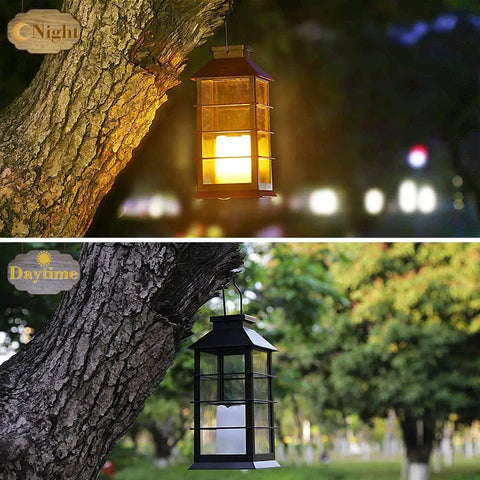 Two Pack Lit Solar Powered Outdoor Hanging Lanterns With Waterproof LED Flickering Flameless Candles, night and day view